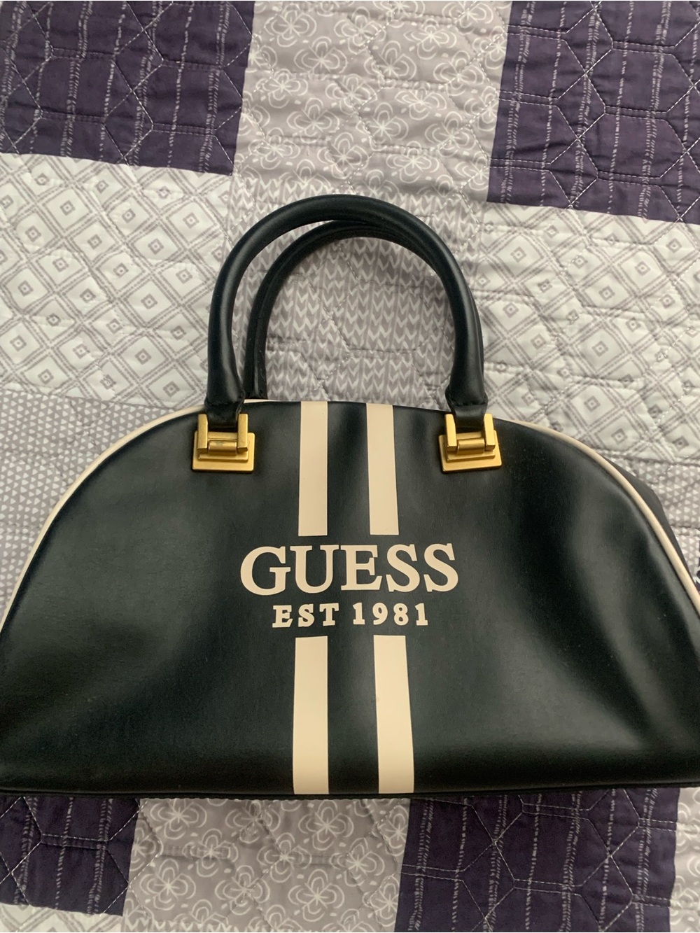 GUESS Black & Cream Striped Dome vintage satchel handbag